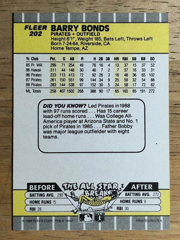 1989 Fleer #202 Barry Bonds
