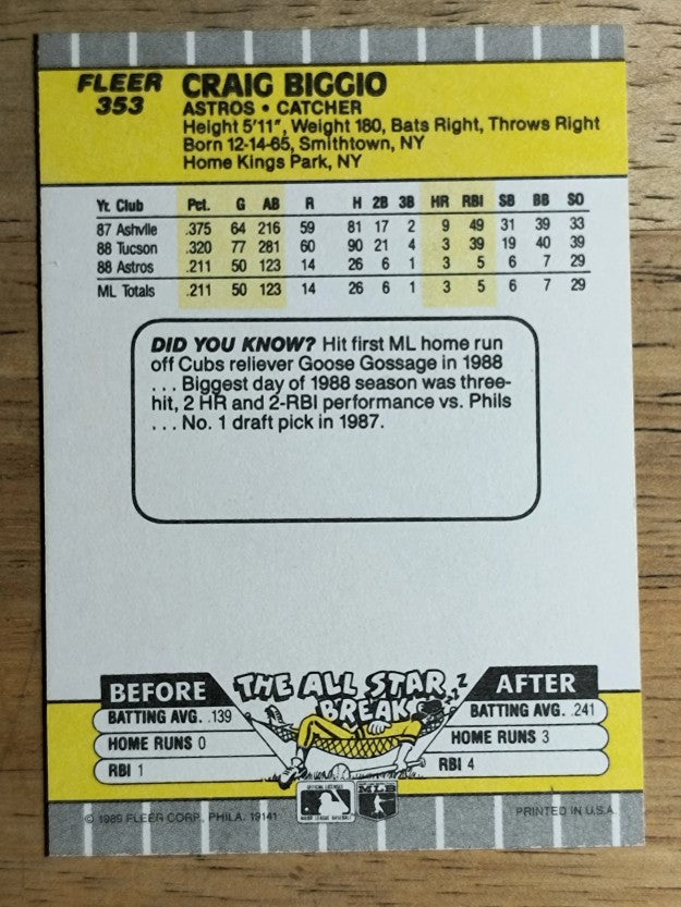 1989 Fleer #353 Craig Biggio RC
