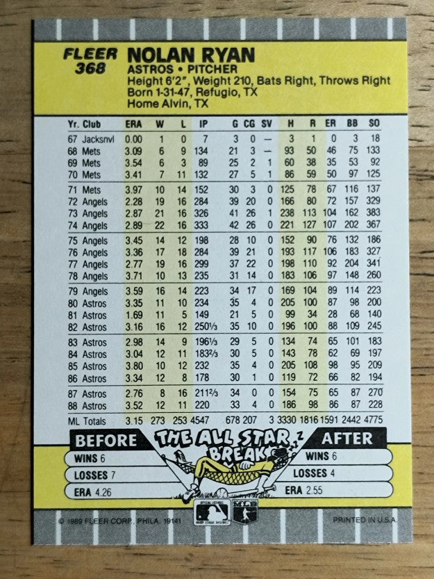 1989 Fleer #368 Nolan Ryan