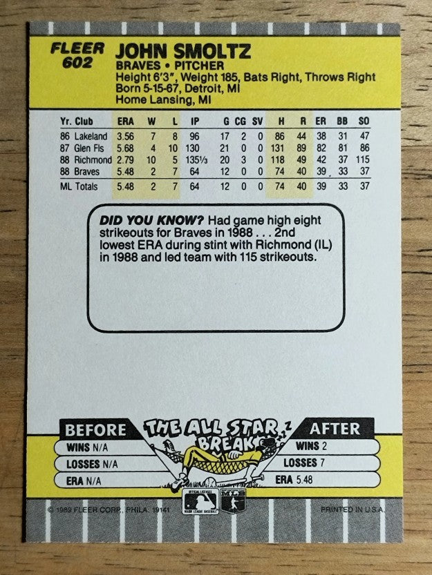 1989 Fleer #602 John Smoltz RC