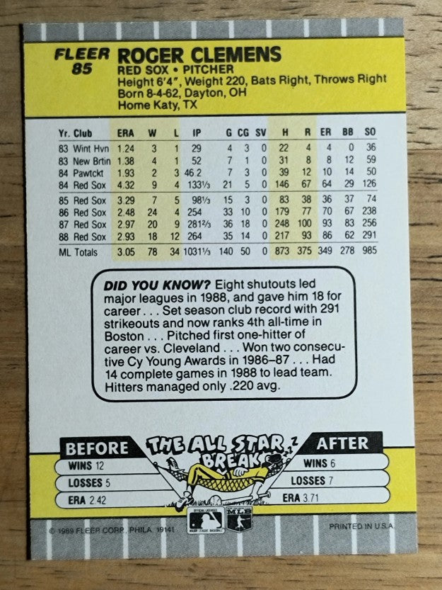 1989 Fleer #85 Roger Clemens