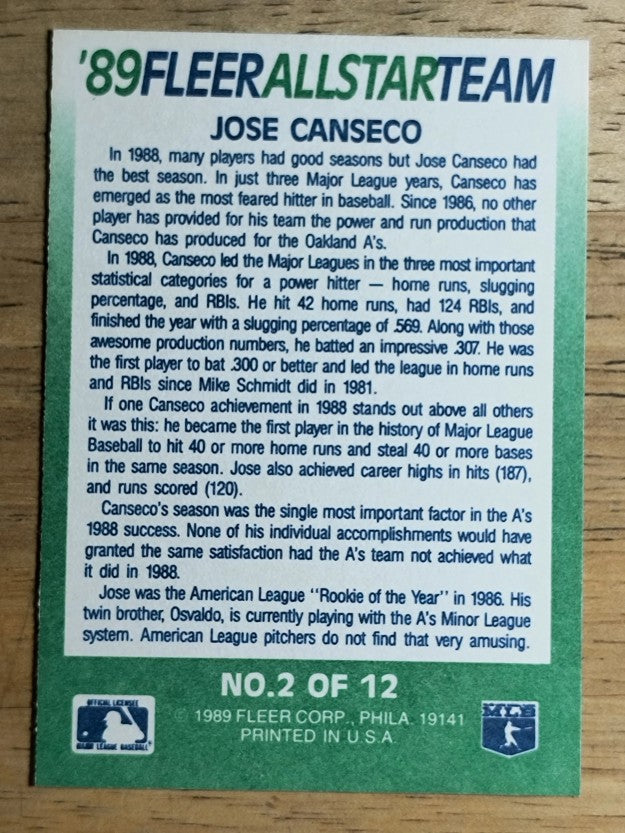 1989 Fleer All-Stars #2 Jose Canseco