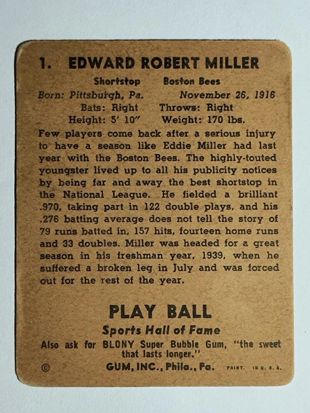 1941 Play Ball #1 Eddie Miller (GOOD)