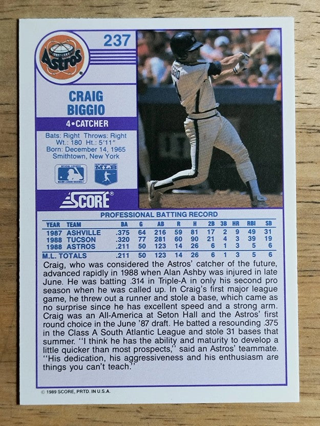 1989 Score #237 Craig Biggio RC