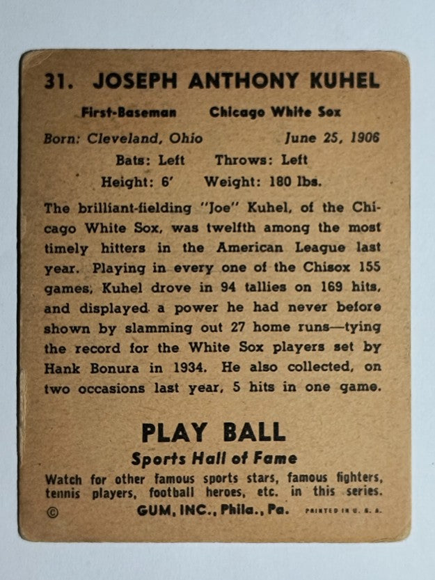 1941 Play Ball #31 Joe Kuhel (VG)