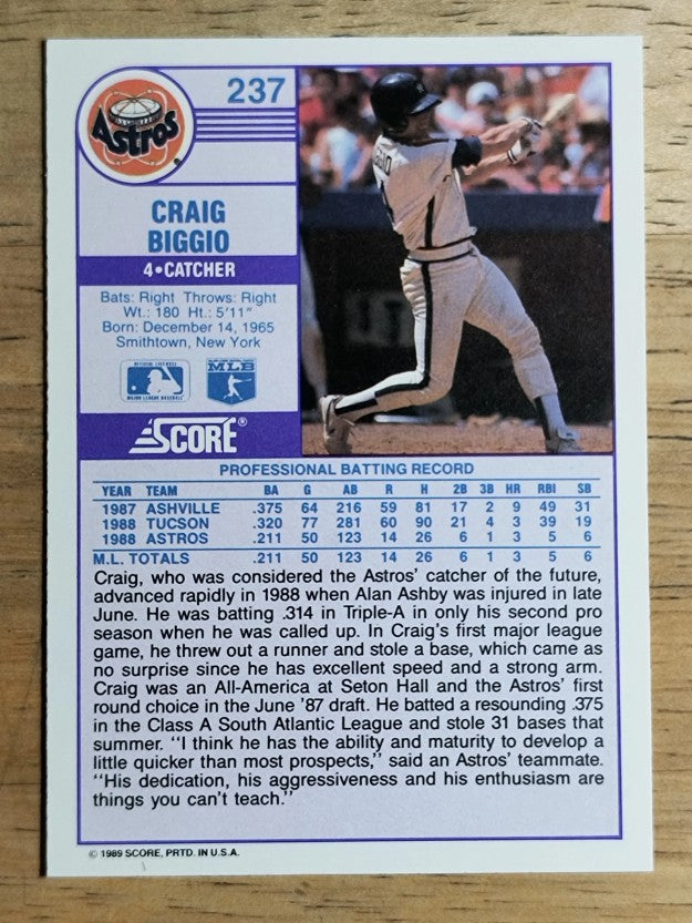 1989 Score #237 Craig Biggio RC
