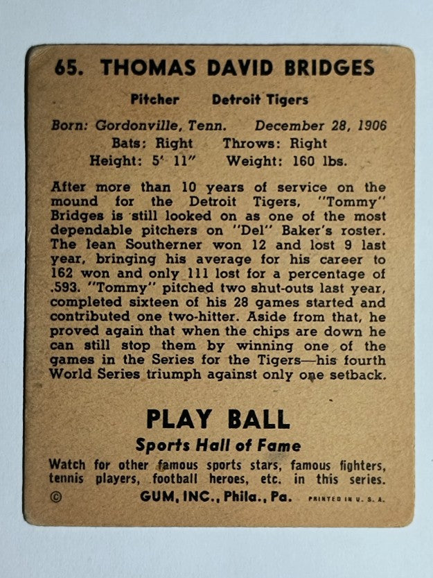 1941 Play Ball #65 Tommy Bridges (VG)