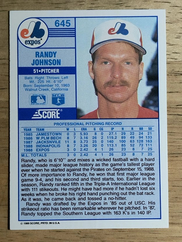 1989 Score #645 Randy Johnson RC