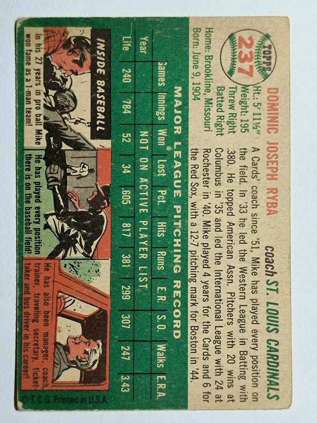 1954 Topps #237 Mike Ryba CO RC (VGEX)