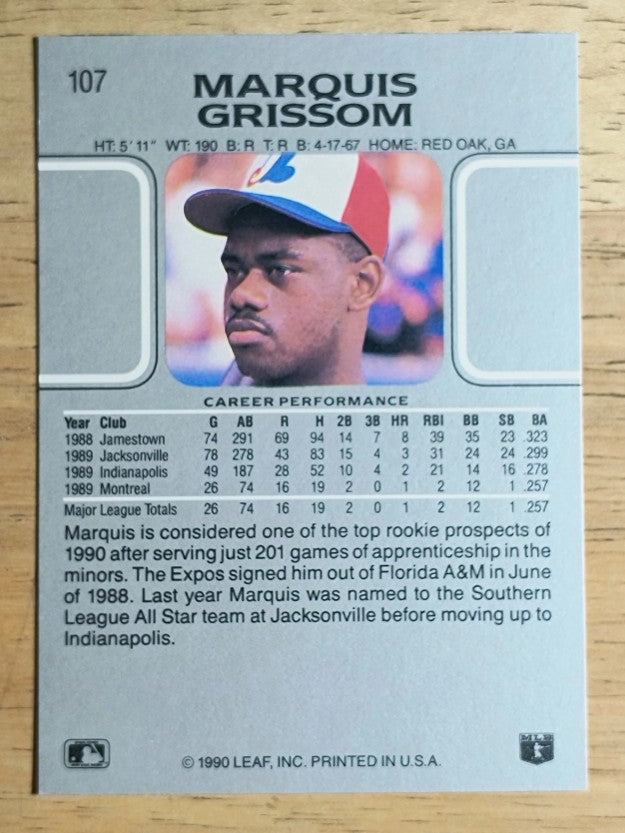 1990 Leaf #107 Marquis Grissom RC