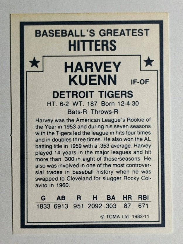 1982 TCMA Greatest Hitters #11 Harvey Kuenn