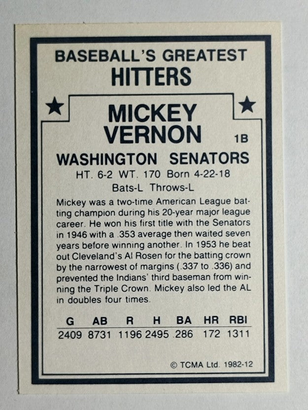 1982 TCMA Greatest Hitters #12 Mickey Vernon