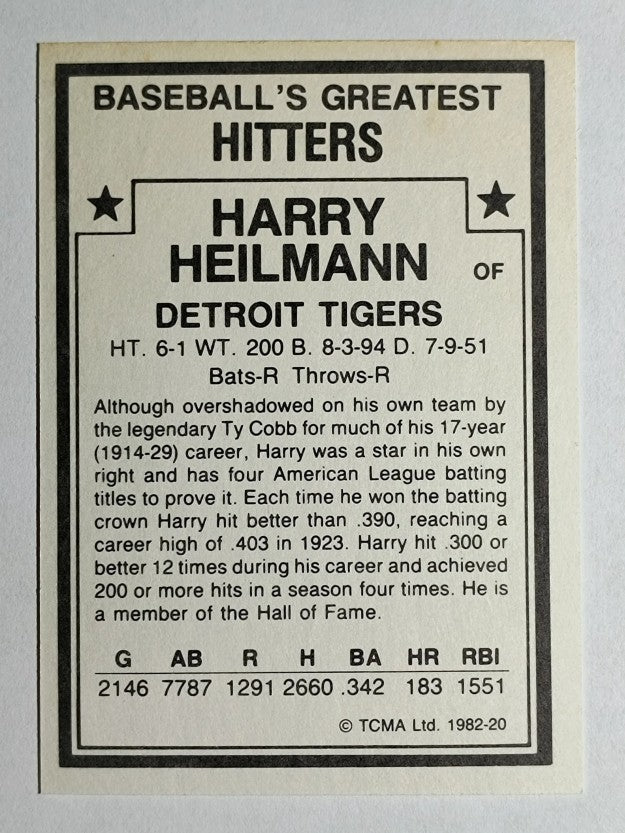 1982 TCMA Greatest Hitters #20 Harry Heilmann