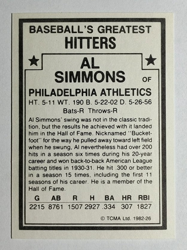 1982 TCMA Greatest Hitters #26 Al Simmons