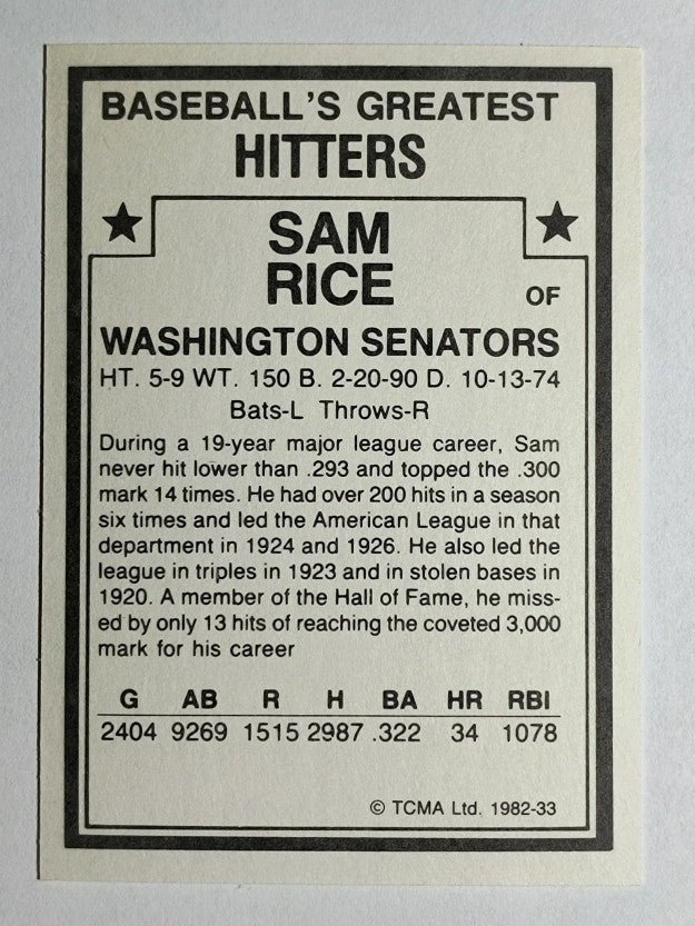 1982 TCMA Greatest Hitters #33 Sam Rice
