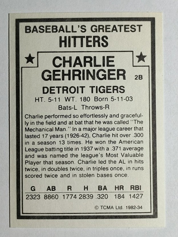 1982 TCMA Greatest Hitters #34 Charlie Gehringer
