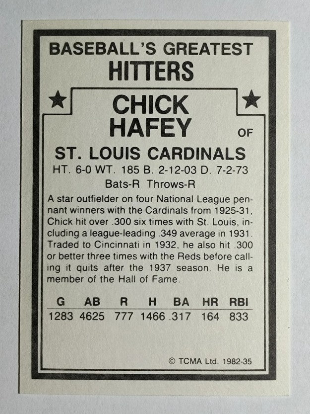 1982 TCMA Greatest Hitters #35 Chick Hafey