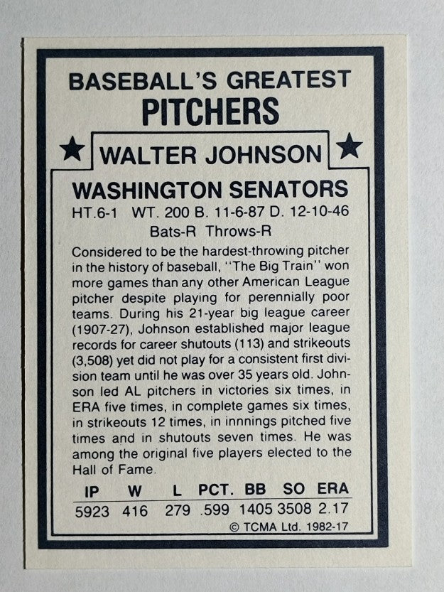 1982 TCMA Greatest Pitchers #17 Walter Johnson