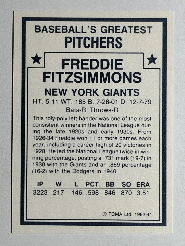 1982 TCMA Greatest Pitchers #41 Freddie Fitzsimmons