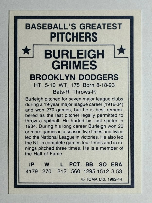 1982 TCMA Greatest Pitchers #44 Burleigh Grimes