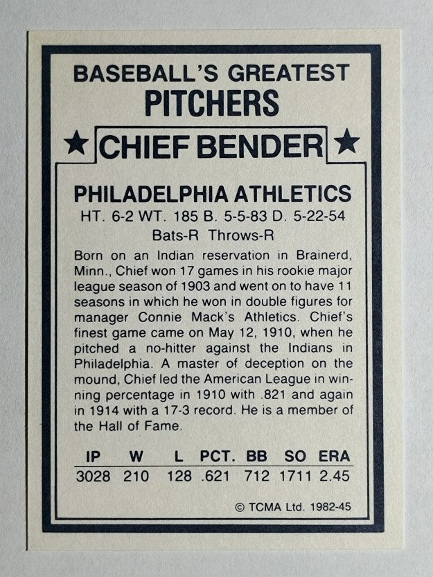 1982 TCMA Greatest Pitchers #45 Chief Bender
