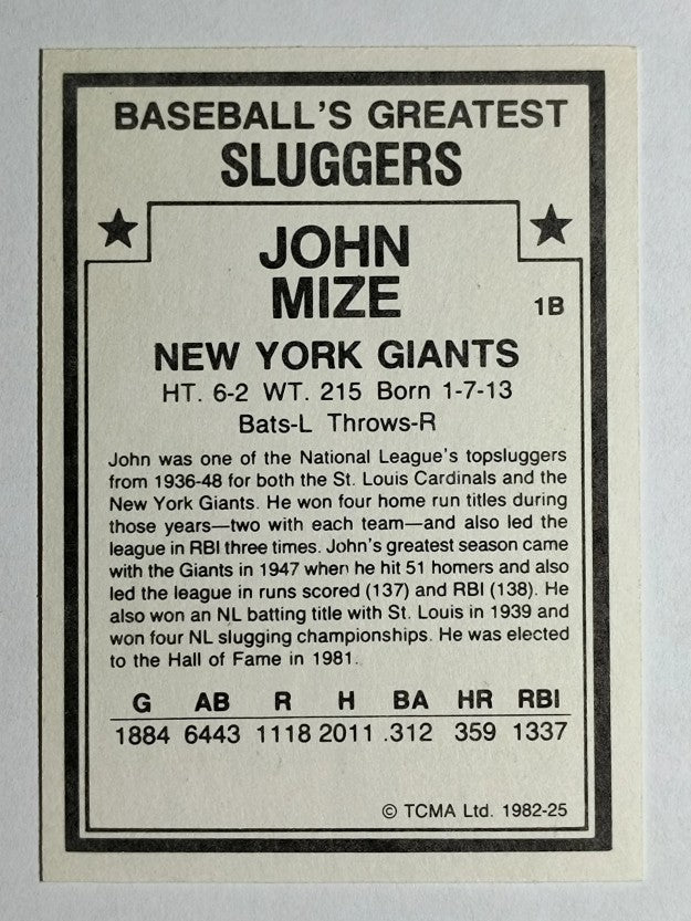 1982 TCMA Greatest Sluggers #25 John Mize