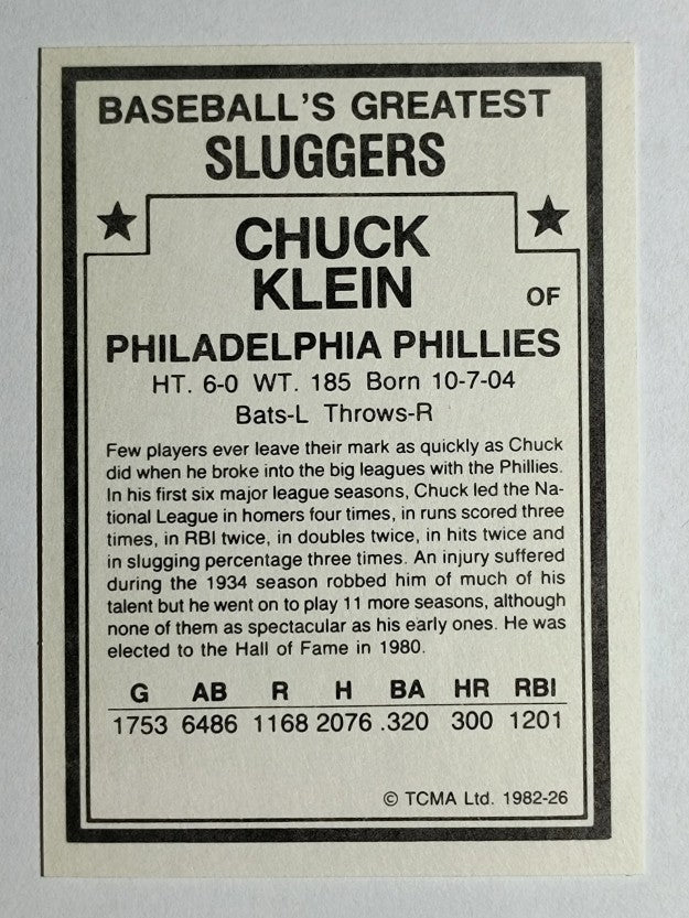 1982 TCMA Greatest Sluggers #26 Chuck Klein