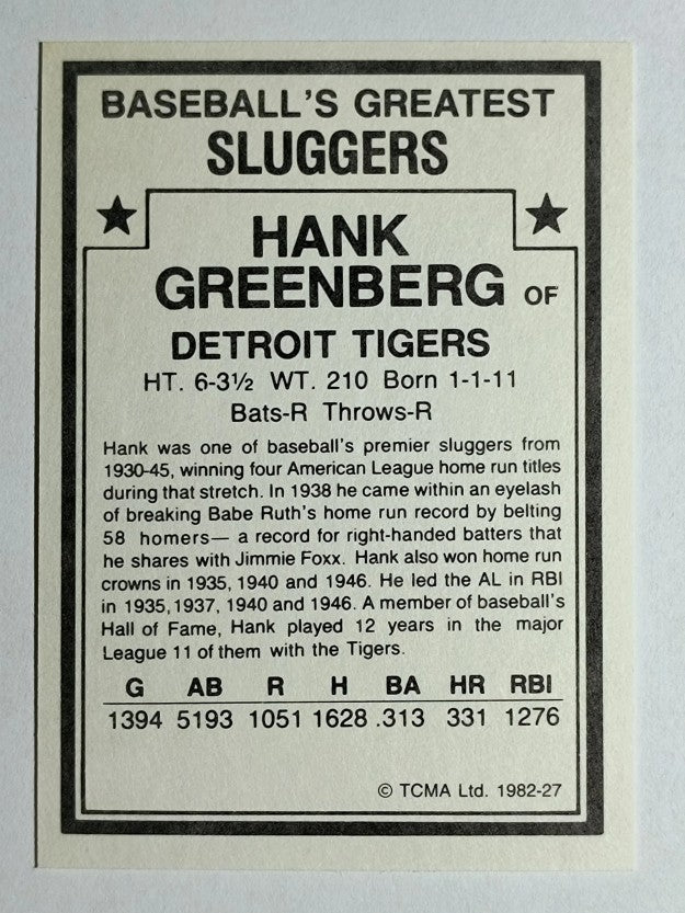 1982 TCMA Greatest Sluggers #27 Hank Greenberg