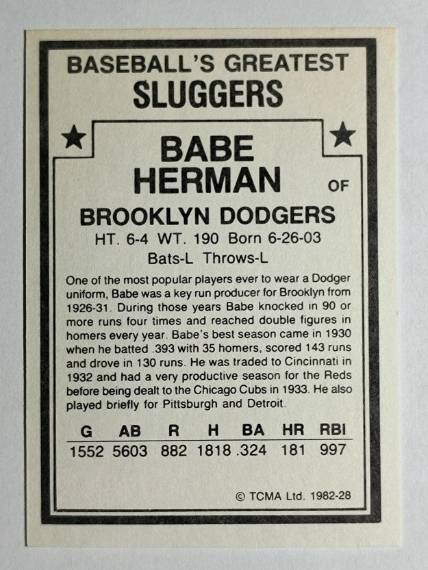 1982 TCMA Greatest Sluggers #28 Babe Herman