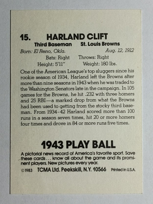 1983 TCMA Playball 1943 #15 Harland Clift