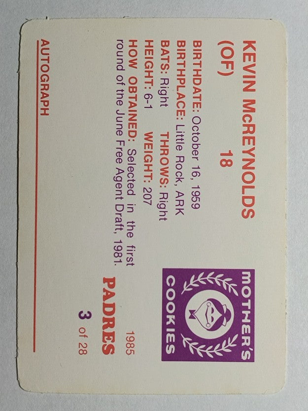 1985 Padres Mother's #3 Kevin McReynolds