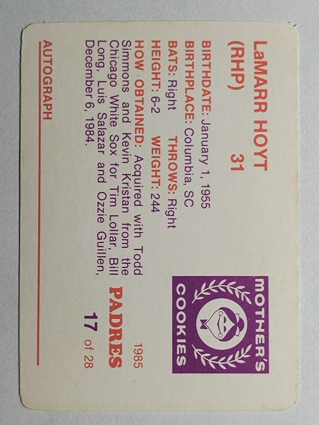 1985 Padres Mother's #17 LaMarr Hoyt