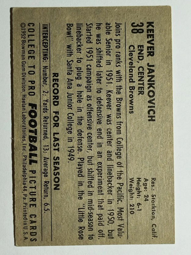 1952 Bowman Large #38 Keever Jankovich RC (VGEX)