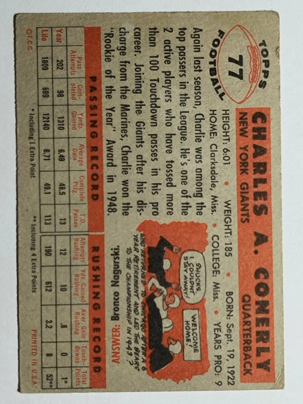 1956 Topps #77 Charley Conerly (VGEX)