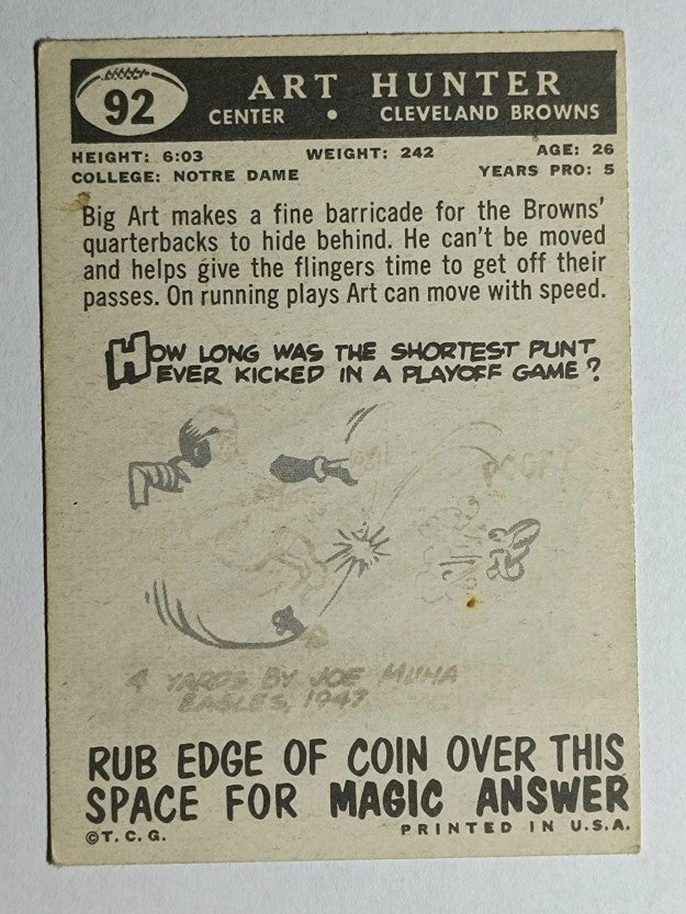 1959 Topps #92 Art Hunter (VGEX)