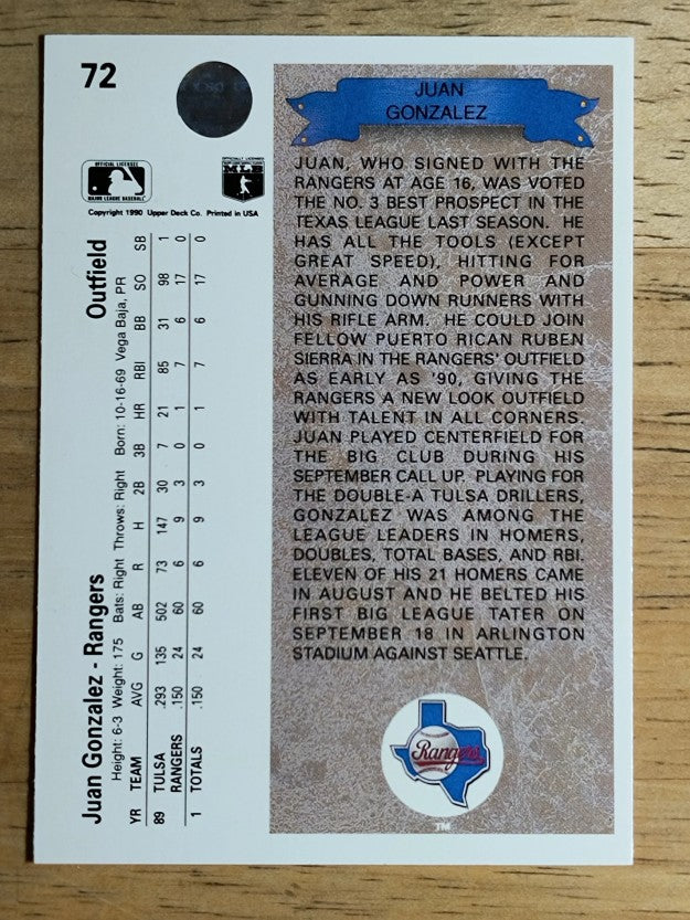 1990 Upper Deck #72 Juan Gonzalez RC