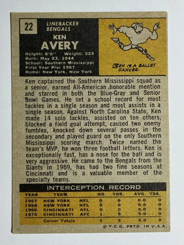 1971 Topps #22 Ken Avery RC (VGEX)