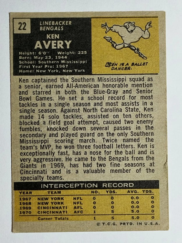 1971 Topps #22 Ken Avery RC (POOR)