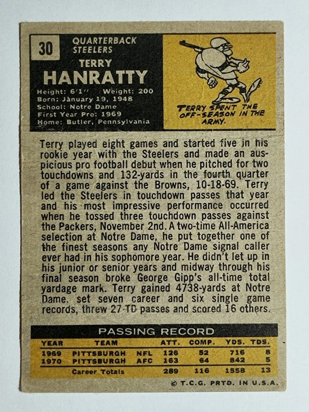 1971 Topps #30 Terry Hanratty RC (POOR)