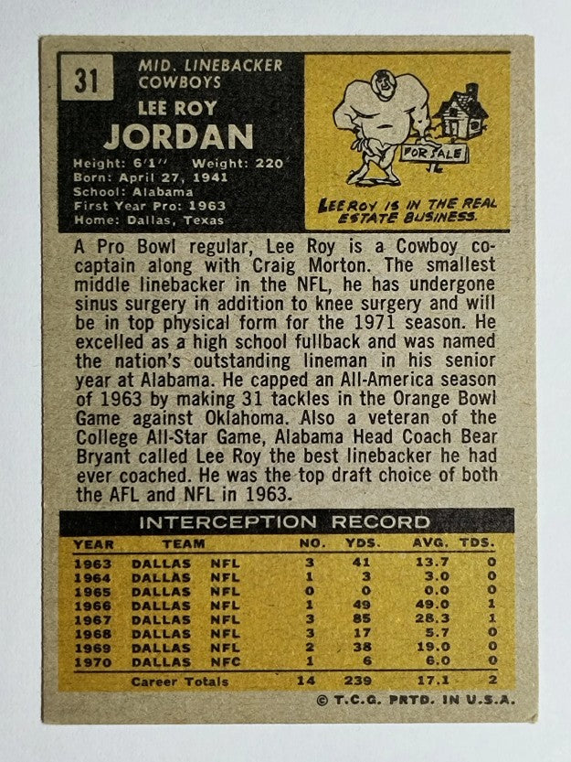 1971 Topps #31 Lee Roy Jordan (VGEX)