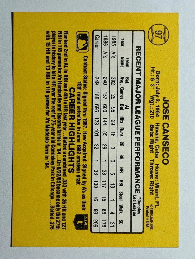 1987 Donruss #97 Jose Canseco