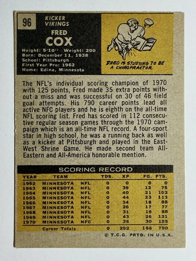 1971 Topps #96 Fred Cox (VGEX)