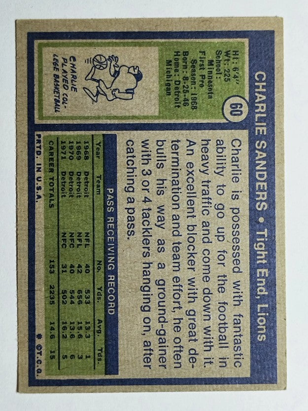 1972 Topps #60 Charlie Sanders (VG)
