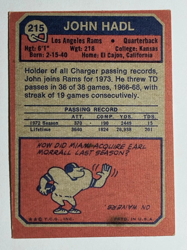 1973 Topps #215 John Hadl (VGEX)