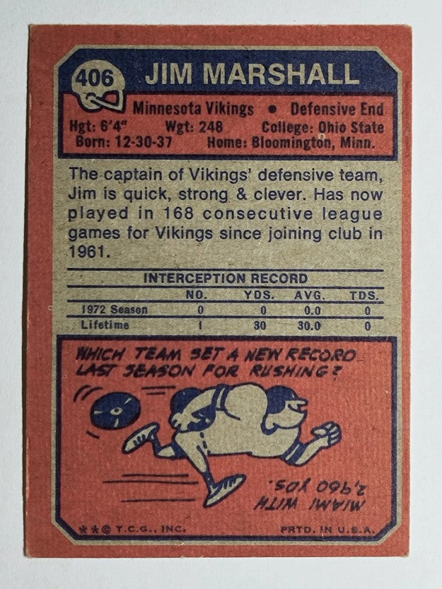 1973 Topps #406 Jim Marshall (VGEX)