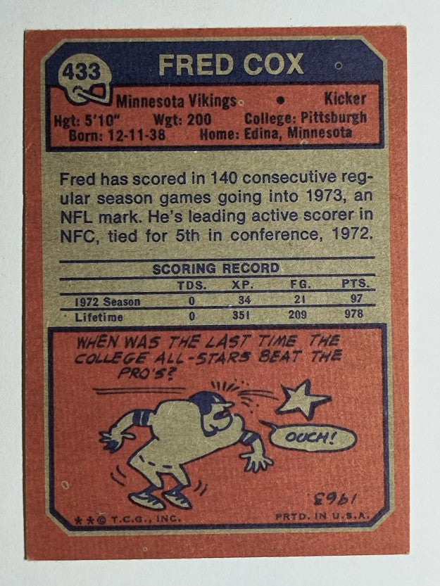 1973 Topps #433 Fred Cox (VGEX)