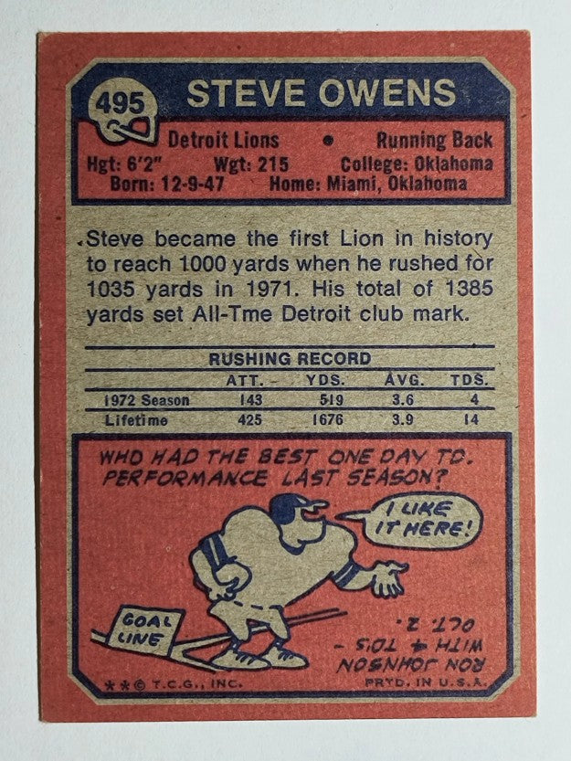 1973 Topps #495 Steve Owens (VGEX)