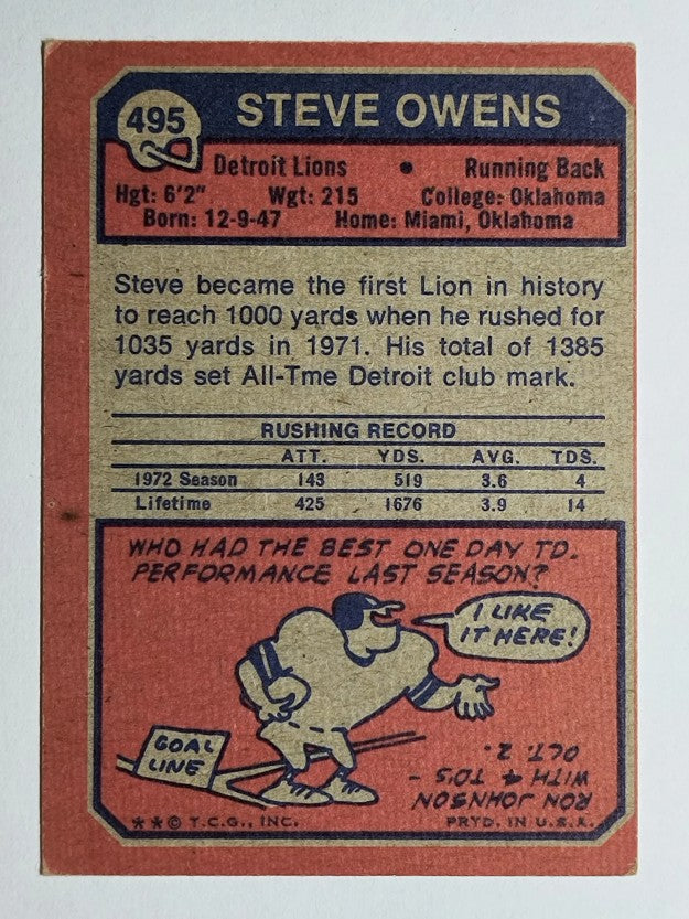 1973 Topps #495 Steve Owens (VGEX)