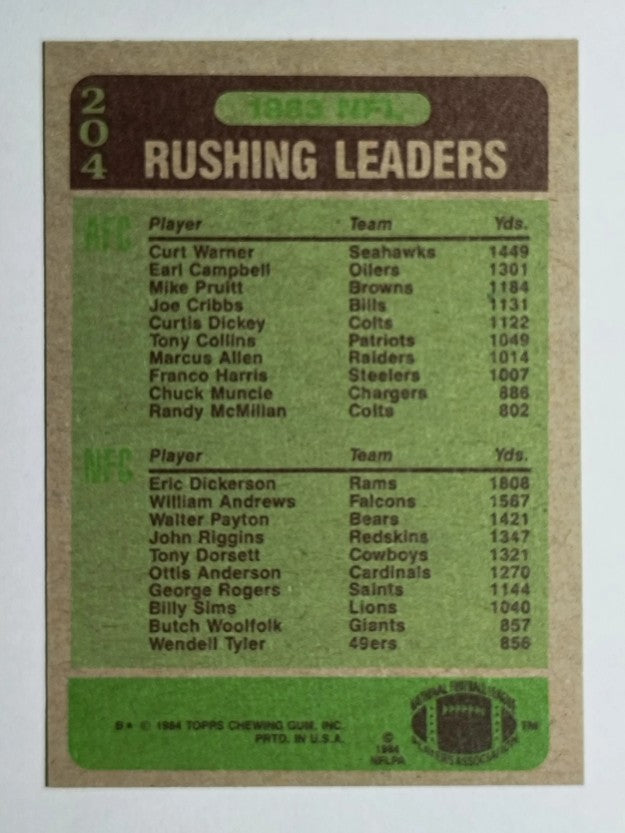 1984 Topps #204 Rushing Leaders/Curt Warner/Eric Dickerson