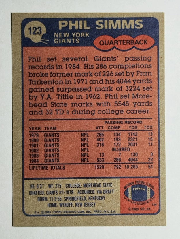 1985 Topps #123 Phil Simms